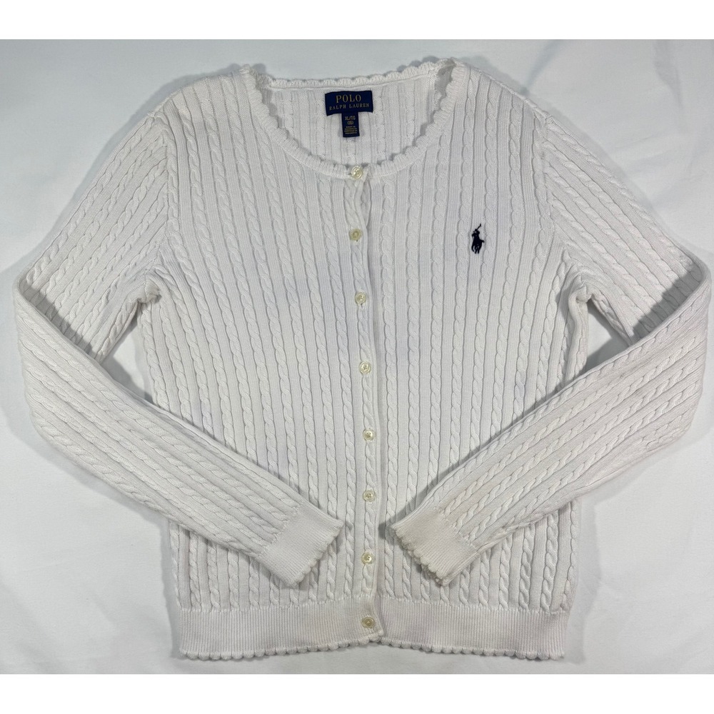 Polo Ralph Lauren Girls White Cable Knit Cardigan Sweater XL 16 Scalloped Trim